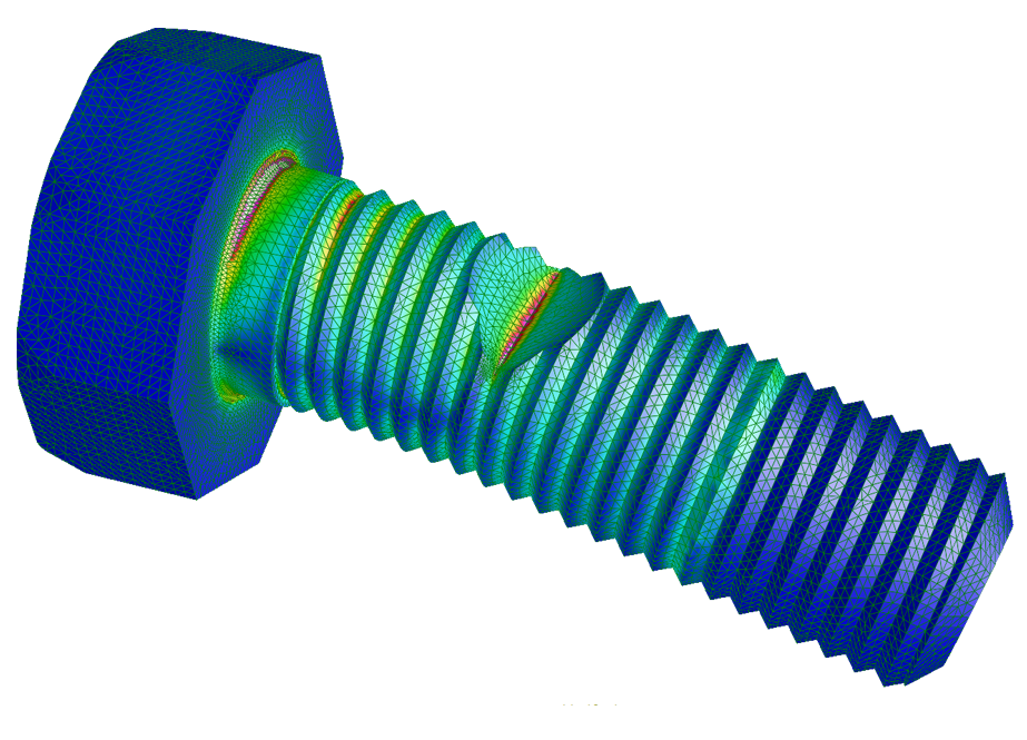 A 3D finite element analysis (FEA) model of a bolt showing stress distribution through a color-coded mesh, highlighting high stress areas in red and pink against a blue background