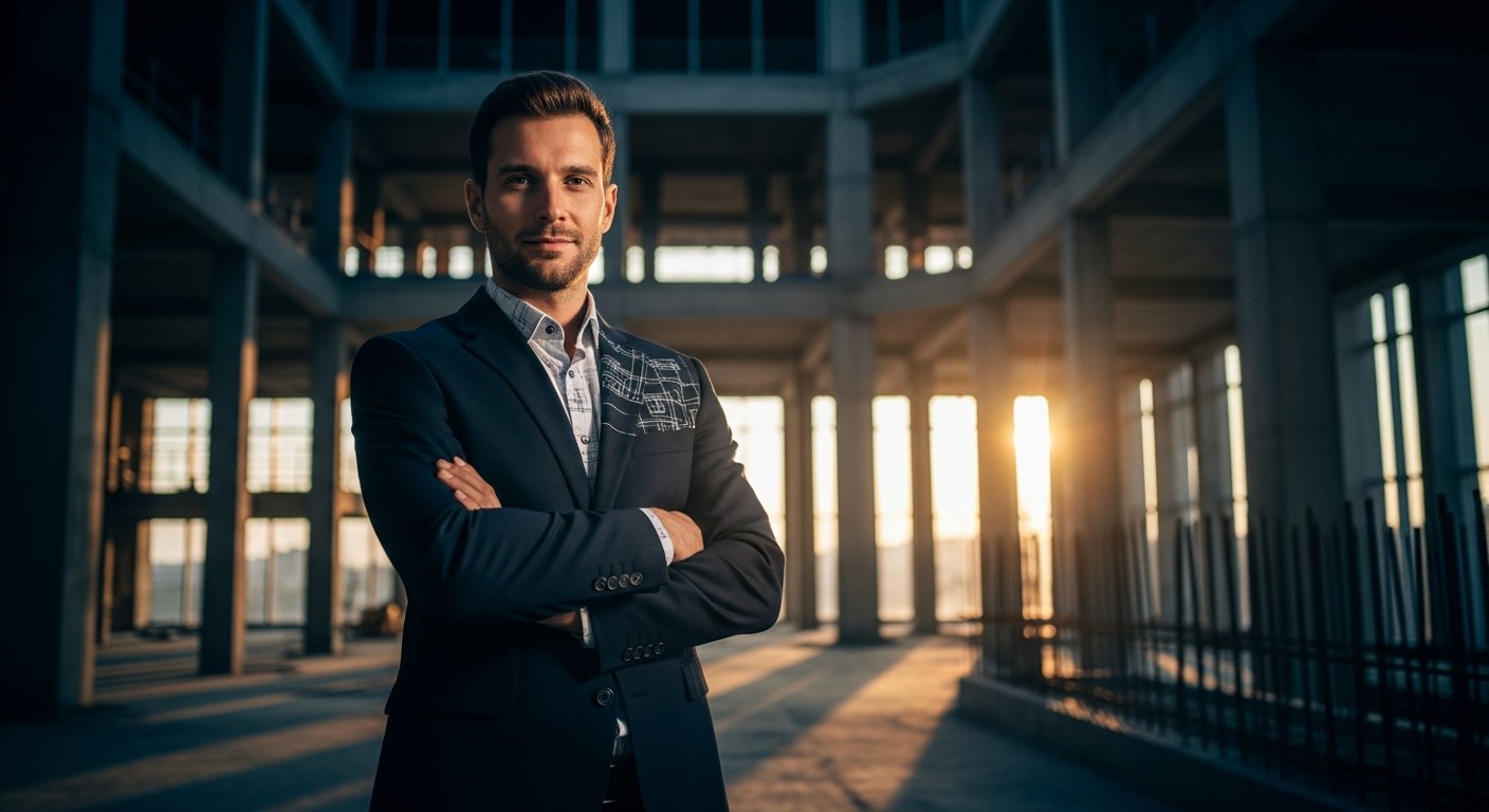Civil and structural expert witness engineer in a dark suit holding a rolled structural drawing in a panelled courtroom, conveying judicial authority